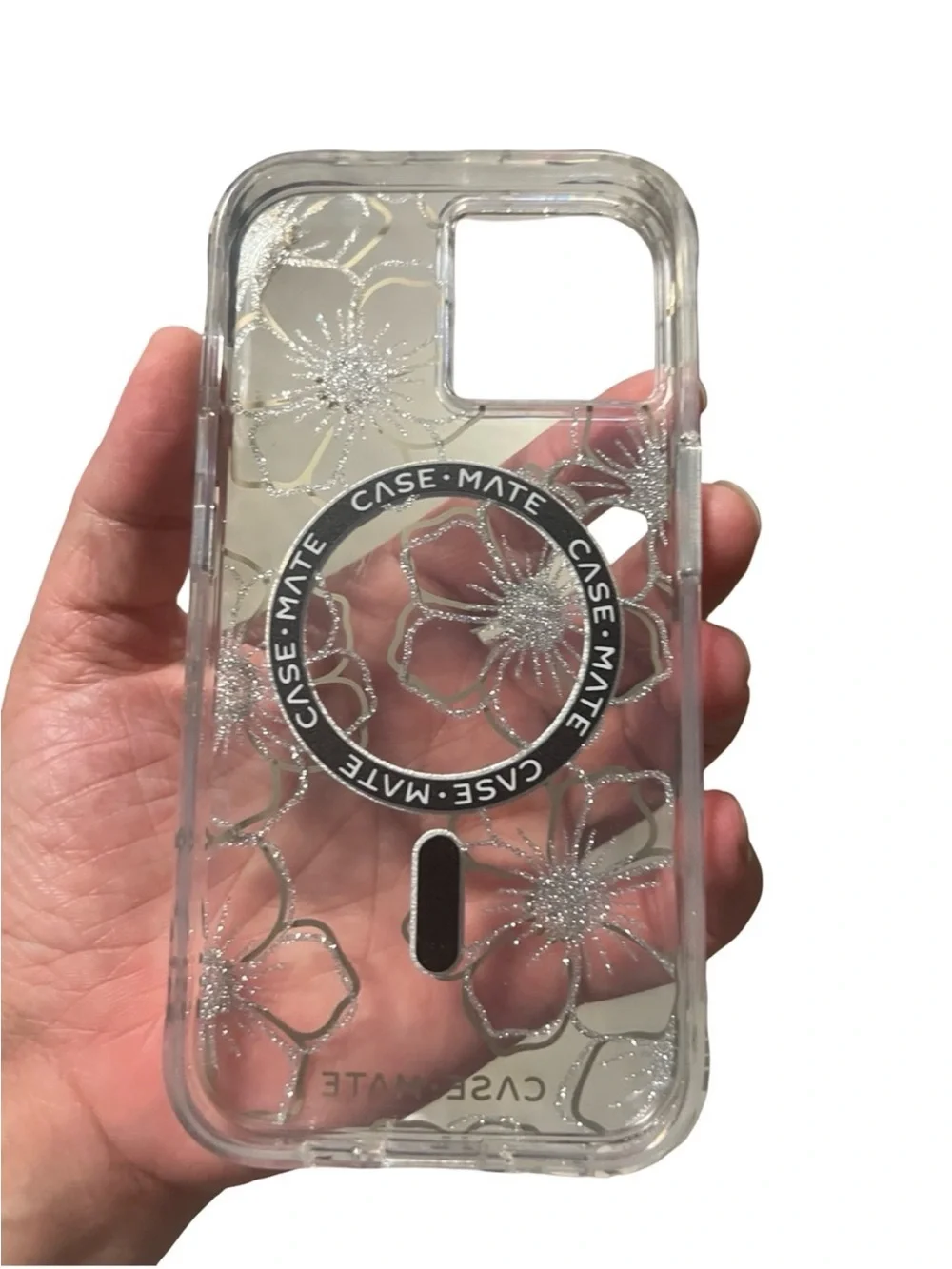 case-mate Clear Floral Glitter iPhone Case - Gold Floral Accents 16e/15/14/13